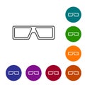 Black line 3D cinema glasses icon isolated on white background. Set icons in color circle buttons. Vector Royalty Free Stock Photo