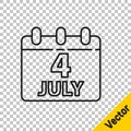 Black line Day calendar with date July 4 icon isolated on transparent background. USA Independence Day. 4th of July Royalty Free Stock Photo