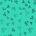 Black line Debugging icon isolated seamless pattern on green background. Debugging tool. Magnifying glass on bug Royalty Free Stock Photo