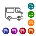 Black line Delivery cargo truck vehicle icon isolated on white background. Set icons in color circle buttons. Vector Royalty Free Stock Photo