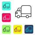 Black line Delivery cargo truck vehicle icon isolated on white background. Set icons in color square buttons. Vector Royalty Free Stock Photo