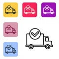 Black line Delivery truck with check mark icon isolated on white background. Set icons in color square buttons. Vector Royalty Free Stock Photo