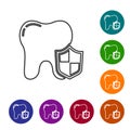 Black line Dental protection icon isolated on white background. Tooth on shield logo. Set icons in color circle buttons Royalty Free Stock Photo