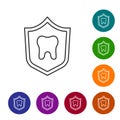 Black line Dental protection icon isolated on white background. Tooth on shield logo. Set icons in color circle buttons Royalty Free Stock Photo