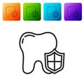 Black line Dental protection icon isolated on white background. Tooth on shield logo. Set icons in color square buttons Royalty Free Stock Photo