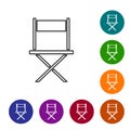 Black line Director movie chair icon isolated on white background. Film industry. Set icons in color circle buttons. Vector Royalty Free Stock Photo