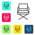 Black line Director movie chair icon isolated on white background. Film industry. Set icons in color square buttons Royalty Free Stock Photo