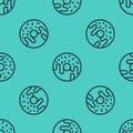 Black line Donut with sweet glaze icon isolated seamless pattern on green background. Vector