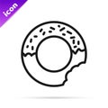 Black line Donut with sweet glaze icon isolated on white background. Vector