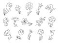 Black line doodle flowers set. Hand drawn vector illustration collection isolated on white background. Royalty Free Stock Photo