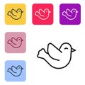 Black line Dove icon isolated on white background. Set icons in color square buttons. Vector Royalty Free Stock Photo