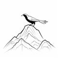 Black Line Drawing Of Crow Perched On Mountain