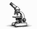 Black line drawing of microscope on white backdrop. Suitable for children coloring books art projects. Science, research, Royalty Free Stock Photo