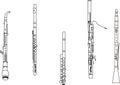 Black line drawings of outline english horn, flute, piccolo, bassoon and oboe musical instrument contour