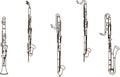 Black line drawings of outline Soprano Clarinet, Alto Clarinet, Contra Alto Clarinet, Bass Clarinet and Contrabass Clarinet musica