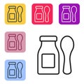 Black line Drinking yogurt in bottle with spoon icon isolated on white background. Baby food. Set icons in color square Royalty Free Stock Photo