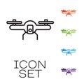 Black line Drone flying icon isolated on white background. Quadrocopter with video and photo camera symbol. Set icons Royalty Free Stock Photo