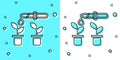 Black line Drop of water drops from pipette on plant icon isolated on green and white background. Medical or