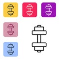 Black line Dumbbell icon isolated on white background. Muscle lifting, fitness barbell, sports equipment. Set icons in