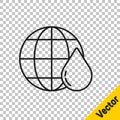 Black line Earth planet in water drop icon isolated on transparent background. World globe. Saving water and world