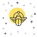 Black line Egyptian Scarab icon isolated on white background. Winged scarab Beetle and sun. Random dynamic shapes Royalty Free Stock Photo