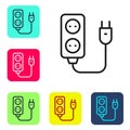 Black line Electric extension cord icon isolated on white background. Power plug socket. Set icons in color square Royalty Free Stock Photo