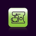 Black line Electric mixer icon isolated on black background. Kitchen blender. Green square button. Vector Illustration