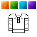 Black line Embroidered shirt icon isolated on white background. National ukrainian clothing. Set icons in color square