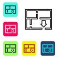 Black line Evacuation plan icon isolated on white background. Fire escape plan. Set icons in color square buttons