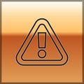 Black line Exclamation mark in triangle icon isolated on gold background. Hazard warning sign, careful, attention Royalty Free Stock Photo