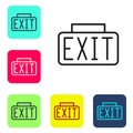 Black line Exit icon isolated on white background. Fire emergency icon. Set icons in color square buttons. Vector Royalty Free Stock Photo