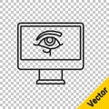 Black line Eye of Horus on monitor icon isolated on transparent background. Ancient Egyptian goddess Wedjet symbol of