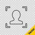 Black line Face recognition icon isolated on transparent background. Face identification scanner icon. Facial id. Cyber