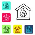 Black line Fire in burning house icon isolated on white background. Set icons in color square buttons. Vector Royalty Free Stock Photo