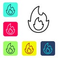 Black line Fire flame icon isolated on white background. Set icons in color square buttons. Vector Royalty Free Stock Photo