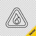 Black line Fire flame in triangle icon isolated on transparent background. Warning sign of flammable product. Vector Royalty Free Stock Photo