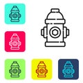 Black line Fire hydrant icon isolated on white background. Set icons in color square buttons. Vector Illustration Royalty Free Stock Photo