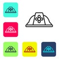 Black line Firefighter helmet or fireman hat icon isolated on white background. Set icons in color square buttons Royalty Free Stock Photo