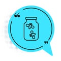 Black line Fireflies bugs in a jar icon isolated on white background. Blue speech bubble symbol. Vector Royalty Free Stock Photo
