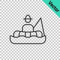 Black line Fisherman sitting in a boat and fishing with a rod icon isolated on transparent background. Vector Royalty Free Stock Photo