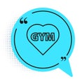 Black line Fitness gym heart icon isolated on white background. I love fitness. Blue speech bubble symbol. Vector Royalty Free Stock Photo