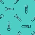 Black line Flashlight icon isolated seamless pattern on green background. Vector Royalty Free Stock Photo