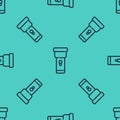 Black line Flashlight icon isolated seamless pattern on green background. Vector Royalty Free Stock Photo