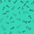 Black line Flashlight icon isolated seamless pattern on green background. Vector Royalty Free Stock Photo