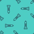 Black line Flashlight icon isolated seamless pattern on green background. Vector Royalty Free Stock Photo