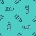 Black line Flashlight icon isolated seamless pattern on green background. Vector Royalty Free Stock Photo