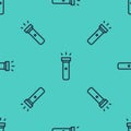 Black line Flashlight icon isolated seamless pattern on green background. Vector Illustration Royalty Free Stock Photo