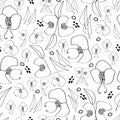 Black Line Flowers-Monochromatic Flowers seamless repeat Pattern Background Royalty Free Stock Photo