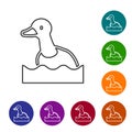 Black line Flying duck icon isolated on white background. Set icons in color circle buttons. Vector Royalty Free Stock Photo