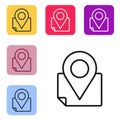 Black line Folded map with location marker icon isolated on white background. Set icons in color square buttons. Vector
